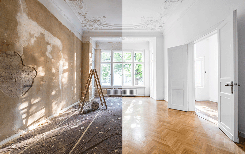 Vergleich Baustelle und renovierte Wohnung